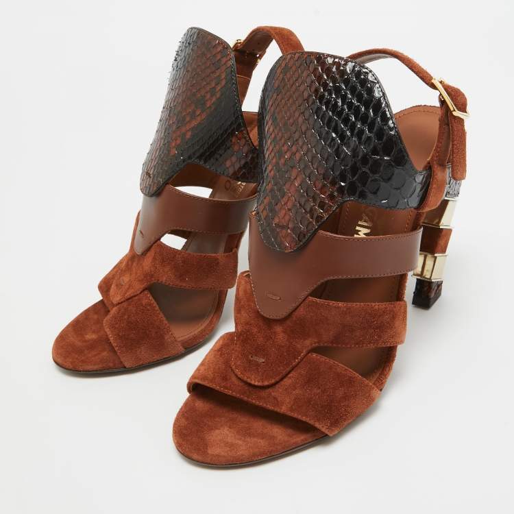 Pre Owned Salvatore Ferragamo Brown Suede and Python Laos Slingback Sandals Size 37.5