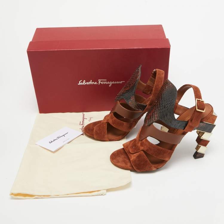 Pre Owned Salvatore Ferragamo Brown Suede and Python Laos Slingback Sandals Size 37.5