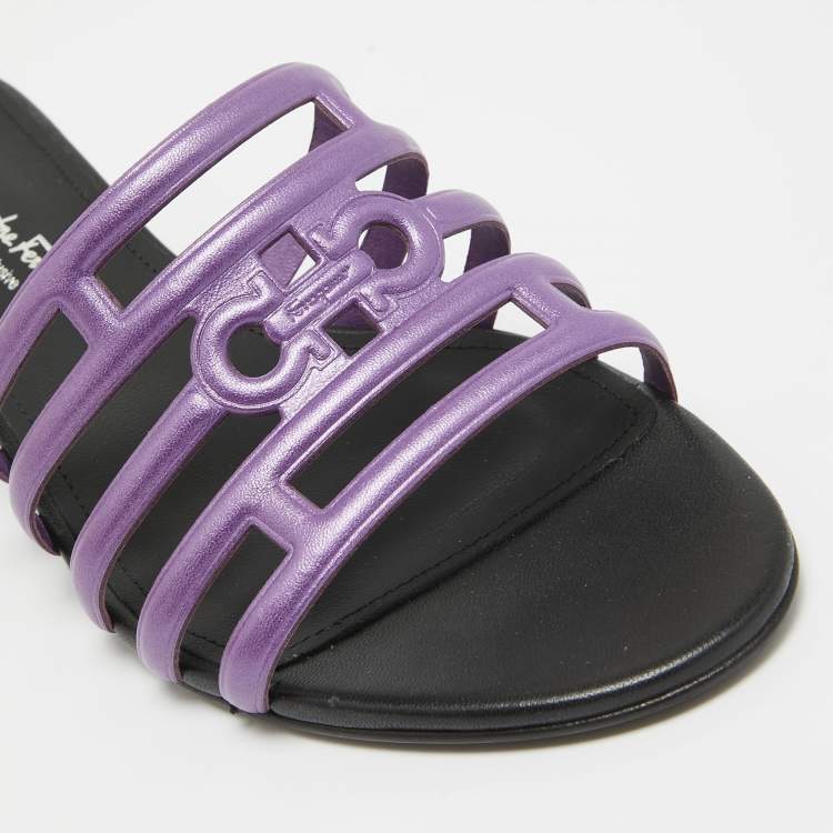 Pre Owned Salvatore Ferragamo Purple/Black Leather Finn Slide Sandals Size 38.5