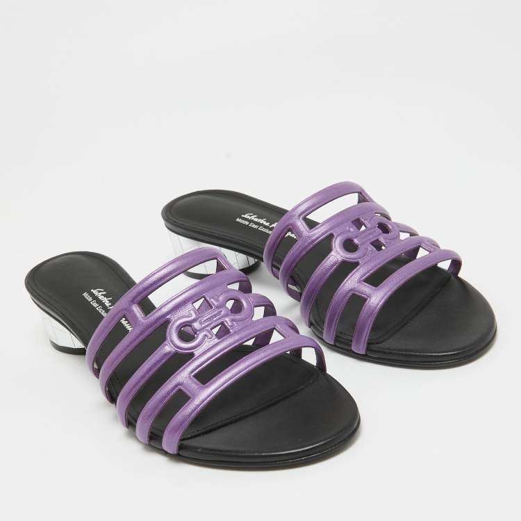 Pre Owned Salvatore Ferragamo Purple/Black Leather Finn Slide Sandals Size 38.5