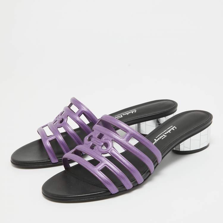 Pre Owned Salvatore Ferragamo Purple/Black Leather Finn Slide Sandals Size 38.5