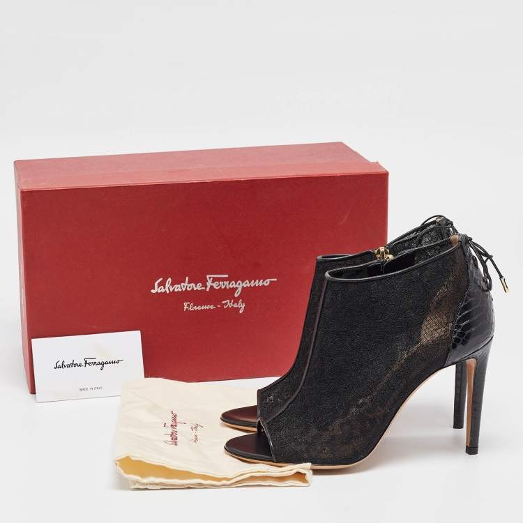 Pre Owned Salvatore Ferragamo Black Python Leather and Lace Nufus Open Toe Ankle Booties Size 36.5