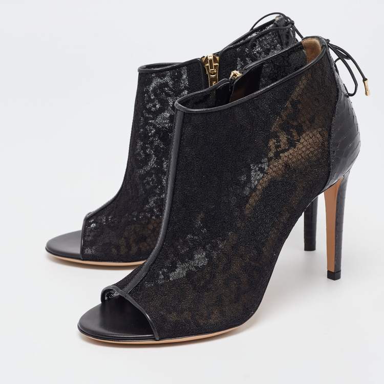 Pre Owned Salvatore Ferragamo Black Python Leather and Lace Nufus Open Toe Ankle Booties Size 36.5