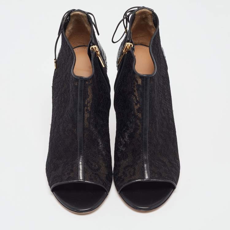 Pre Owned Salvatore Ferragamo Black Python Leather and Lace Nufus Open Toe Ankle Booties Size 36.5