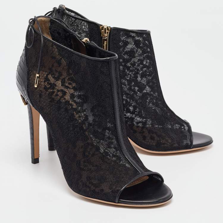 Pre Owned Salvatore Ferragamo Black Python Leather and Lace Nufus Open Toe Ankle Booties Size 36.5