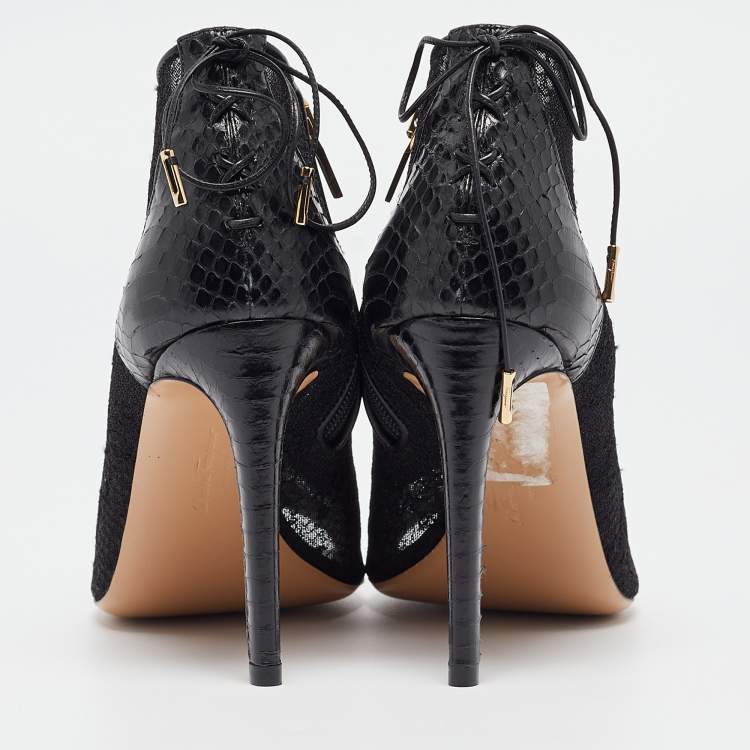 Pre Owned Salvatore Ferragamo Black Python Leather and Lace Nufus Open Toe Ankle Booties Size 36.5