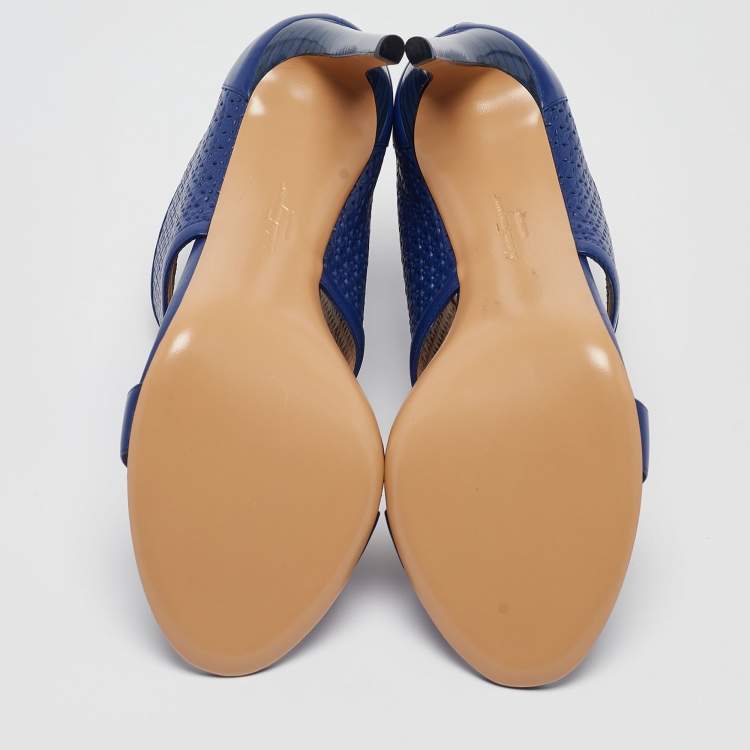 Pre Owned Salvatore Ferragamo Blue Perforated Leather Pacella Open-Toe Booties Size 40