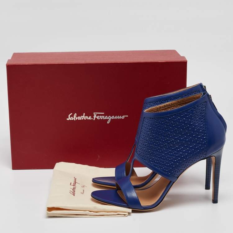 Pre Owned Salvatore Ferragamo Blue Perforated Leather Pacella Open-Toe Booties Size 40