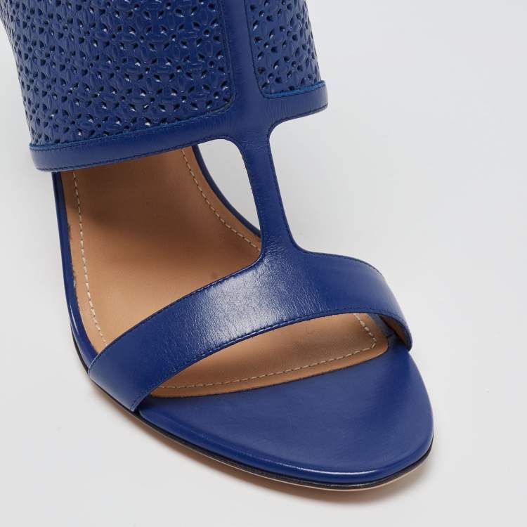 Pre Owned Salvatore Ferragamo Blue Perforated Leather Pacella Open-Toe Booties Size 40