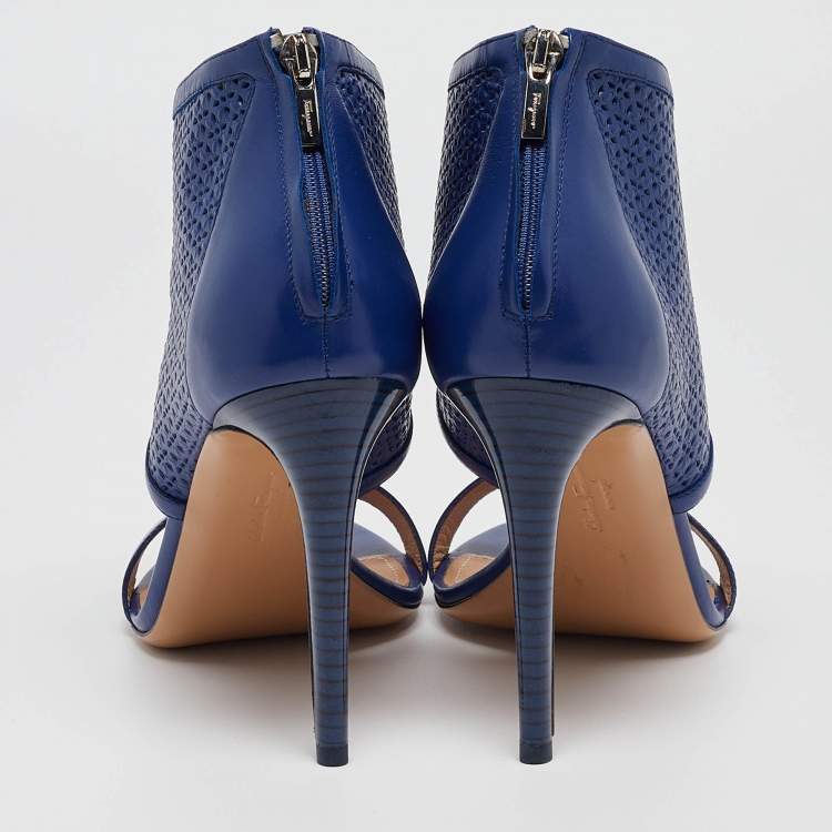 Pre Owned Salvatore Ferragamo Blue Perforated Leather Pacella Open-Toe Booties Size 40