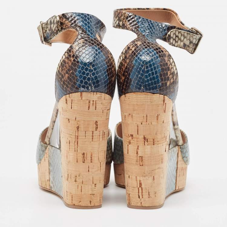 Pre Owned Salvatore Ferragamo Multicolor Python Embossed Ankle Strap Wedge Sandals Size 38