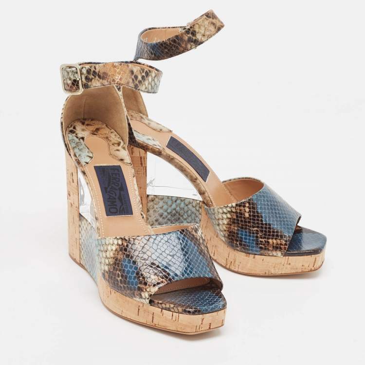 Pre Owned Salvatore Ferragamo Multicolor Python Embossed Ankle Strap Wedge Sandals Size 38