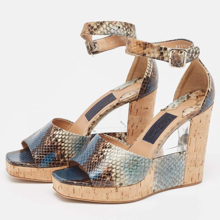Pre Owned Salvatore Ferragamo Multicolor Python Embossed Ankle Strap Wedge Sandals Size 38