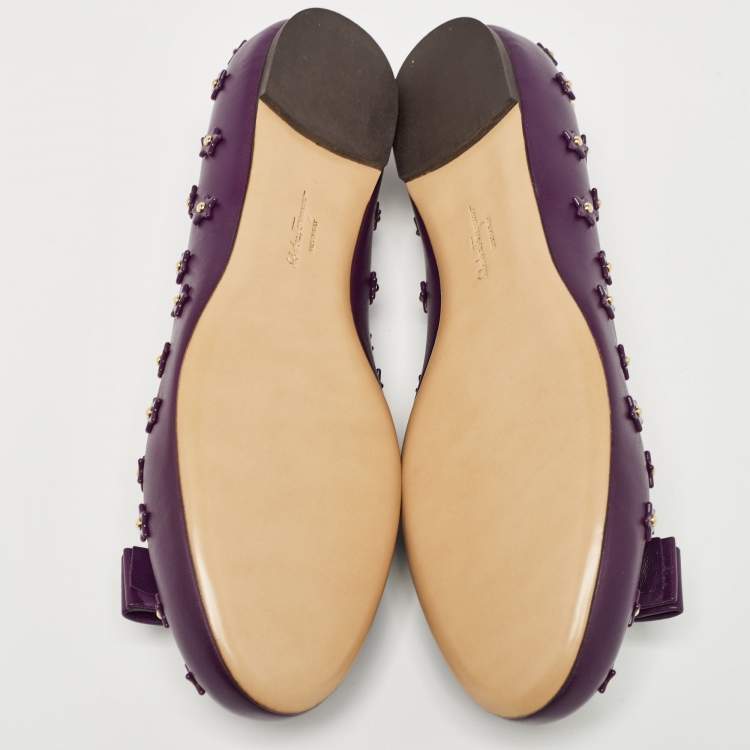 Pre Owned Salvatore Ferragamo Purple Leather Vara Bow Ballet Flats Size 40.5