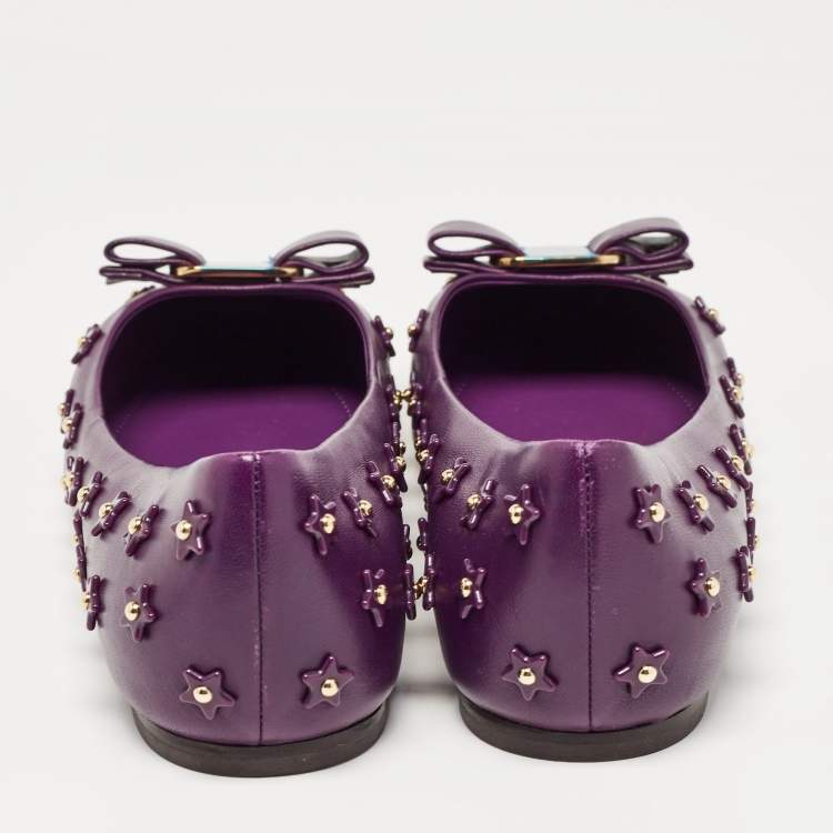 Pre Owned Salvatore Ferragamo Purple Leather Vara Bow Ballet Flats Size 40.5