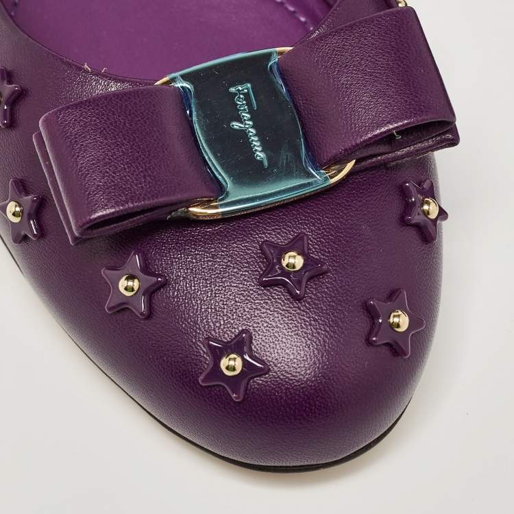 Pre Owned Salvatore Ferragamo Purple Leather Vara Bow Ballet Flats Size 40.5