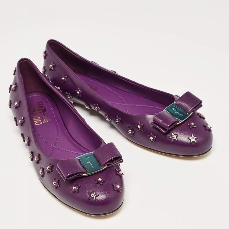 Pre Owned Salvatore Ferragamo Purple Leather Vara Bow Ballet Flats Size 40.5