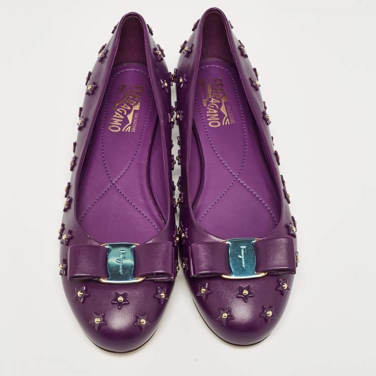 Pre Owned Salvatore Ferragamo Purple Leather Vara Bow Ballet Flats Size 40.5