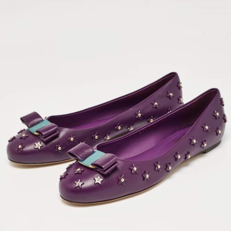 Pre Owned Salvatore Ferragamo Purple Leather Vara Bow Ballet Flats Size 40.5