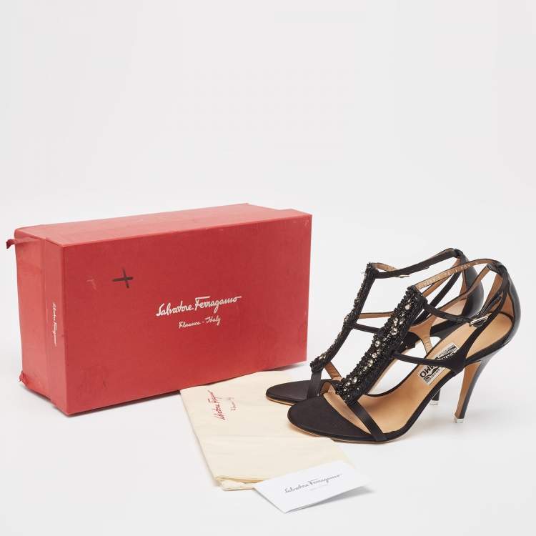 Pre Owned Salvatore Ferragamo Black Satin Crystal Embellished Ankle Strap Sandals Size 41
