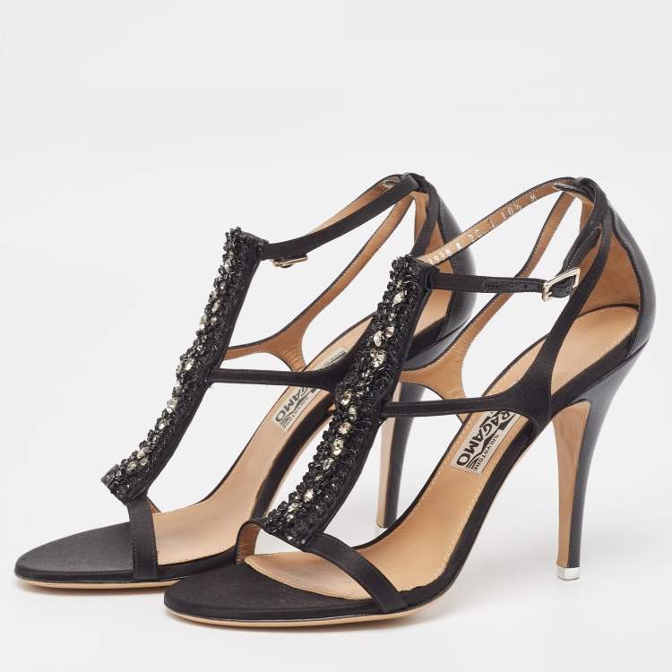 Pre Owned Salvatore Ferragamo Black Satin Crystal Embellished Ankle Strap Sandals Size 41