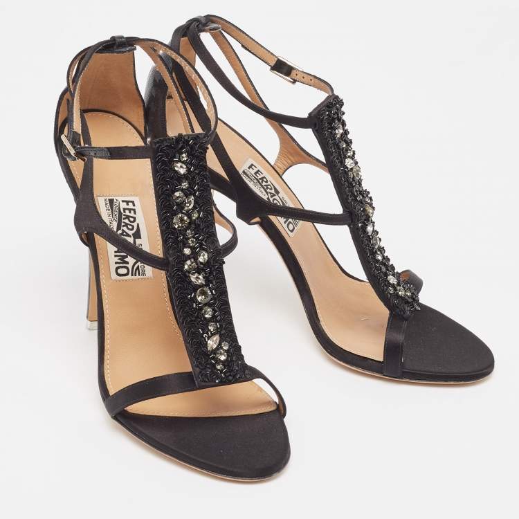 Pre Owned Salvatore Ferragamo Black Satin Crystal Embellished Ankle Strap Sandals Size 41