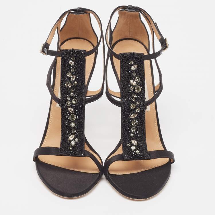 Pre Owned Salvatore Ferragamo Black Satin Crystal Embellished Ankle Strap Sandals Size 41