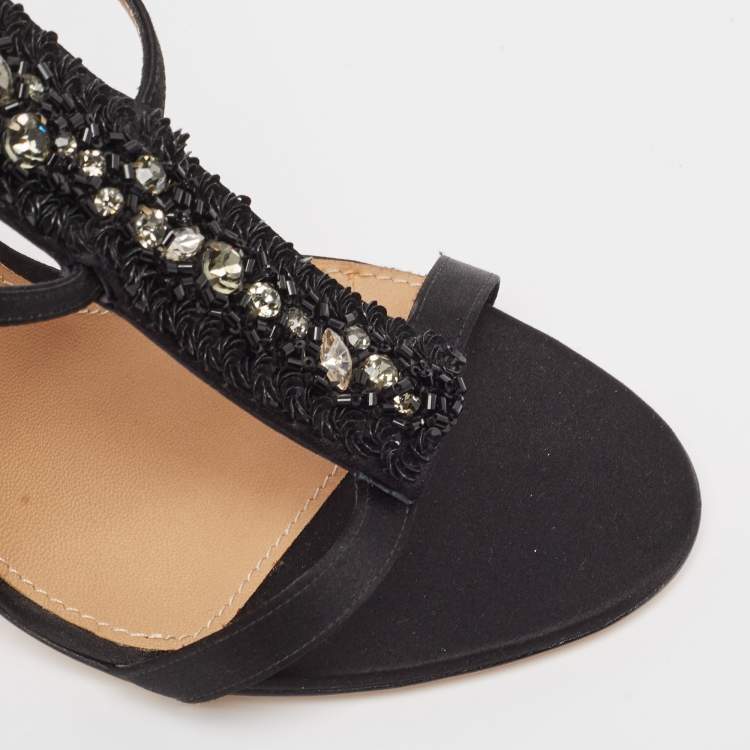 Pre Owned Salvatore Ferragamo Black Satin Crystal Embellished Ankle Strap Sandals Size 41