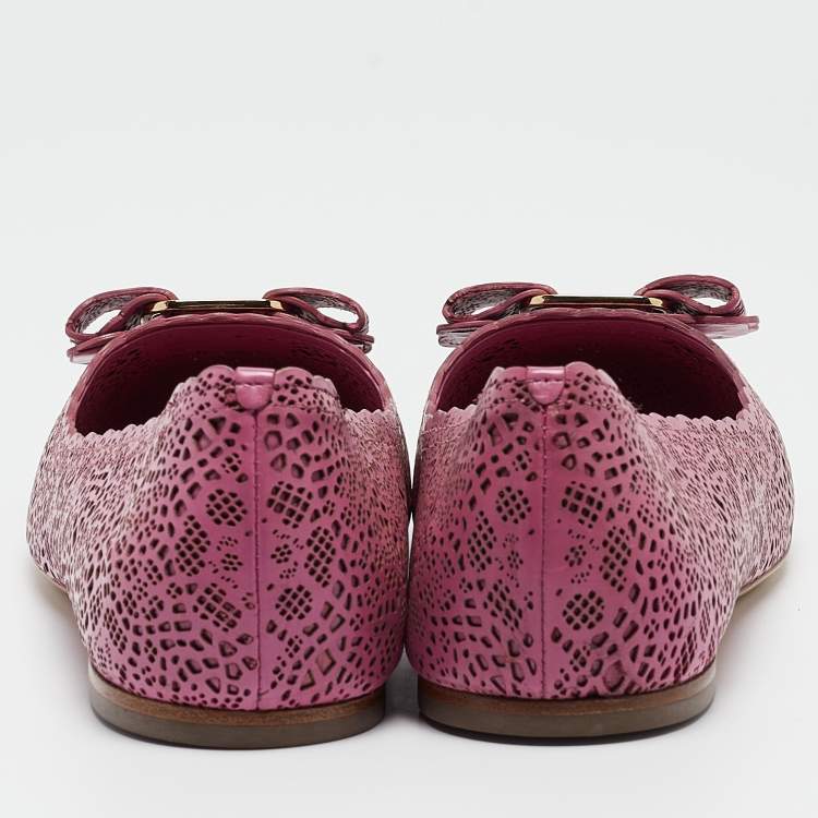 Pre Owned Salvatore Ferragamo Pink Leather Lasercut vara Ballet Flats Size 40.5