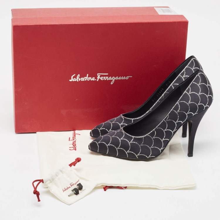 Pre Owned Salvatore Ferragamo Black Satin Crystal Embellished Judy Pumps Size 37