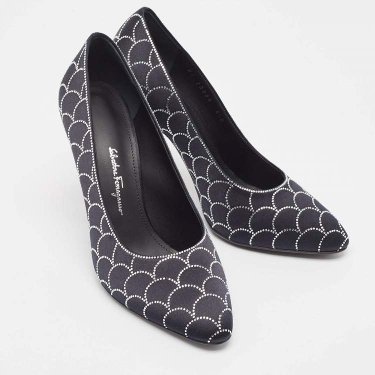Pre Owned Salvatore Ferragamo Black Satin Crystal Embellished Judy Pumps Size 37