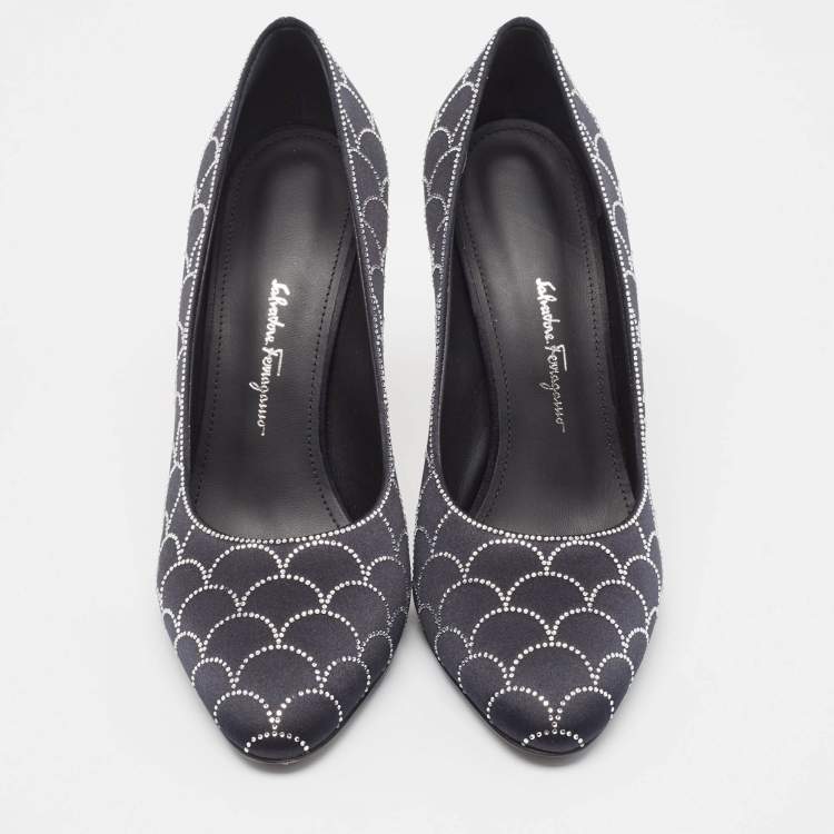 Pre Owned Salvatore Ferragamo Black Satin Crystal Embellished Judy Pumps Size 37