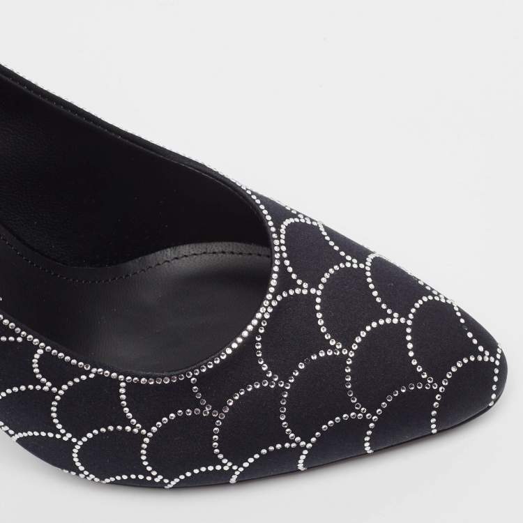 Pre Owned Salvatore Ferragamo Black Satin Crystal Embellished Judy Pumps Size 37