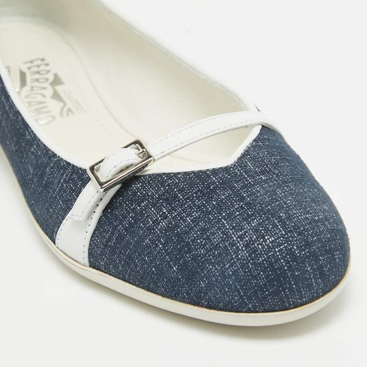 Pre Owned Salvatore Ferragamo Blue/White Suede Audrey Ballet Flats Size 35.5