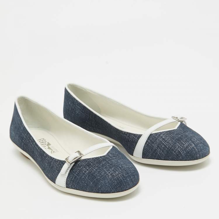 Pre Owned Salvatore Ferragamo Blue/White Suede Audrey Ballet Flats Size 35.5
