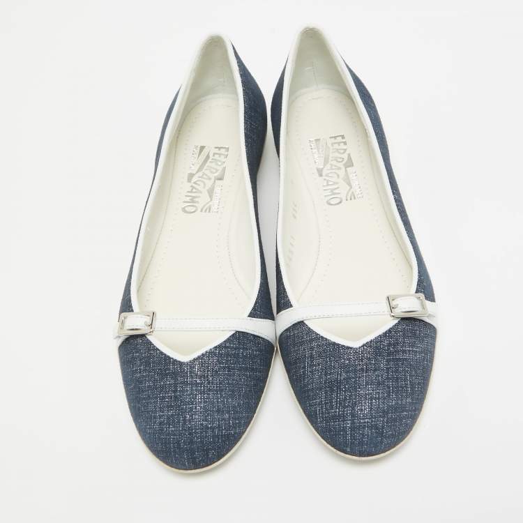 Pre Owned Salvatore Ferragamo Blue/White Suede Audrey Ballet Flats Size 35.5