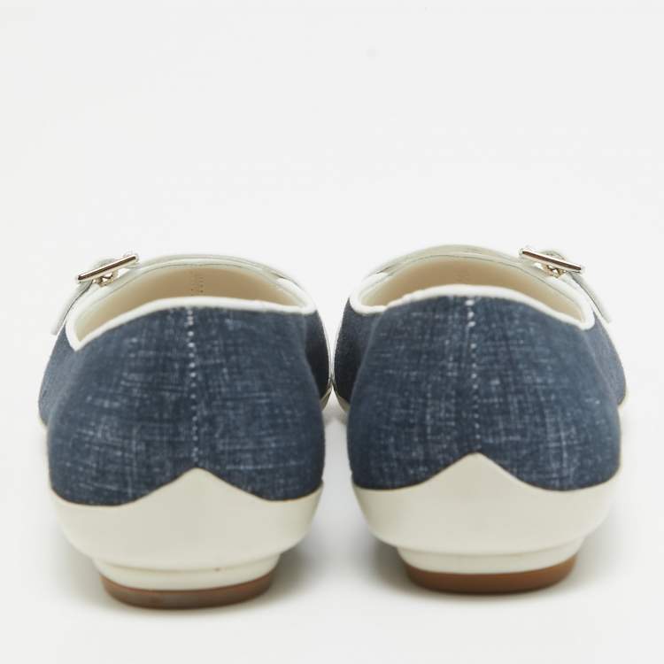 Pre Owned Salvatore Ferragamo Blue/White Suede Audrey Ballet Flats Size 35.5