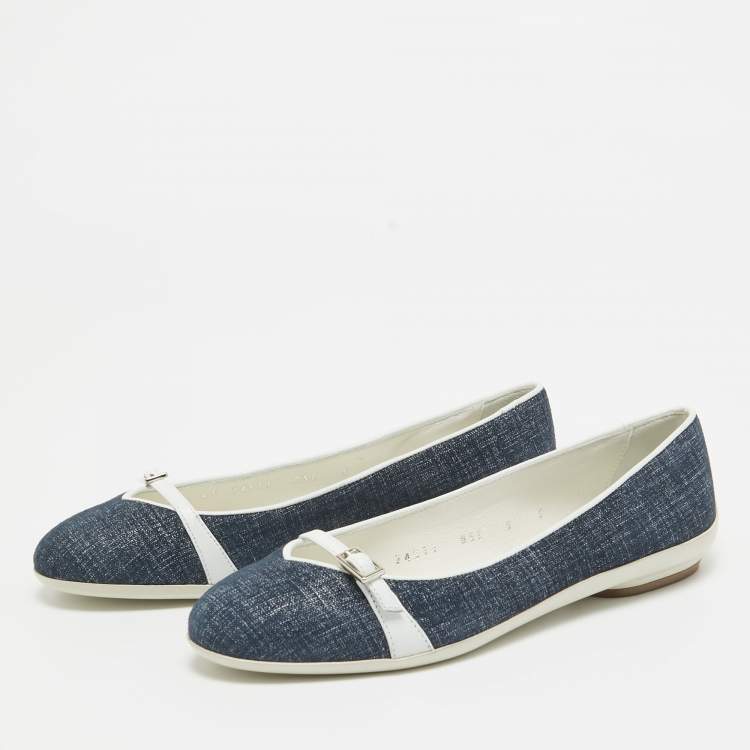 Pre Owned Salvatore Ferragamo Blue/White Suede Audrey Ballet Flats Size 35.5