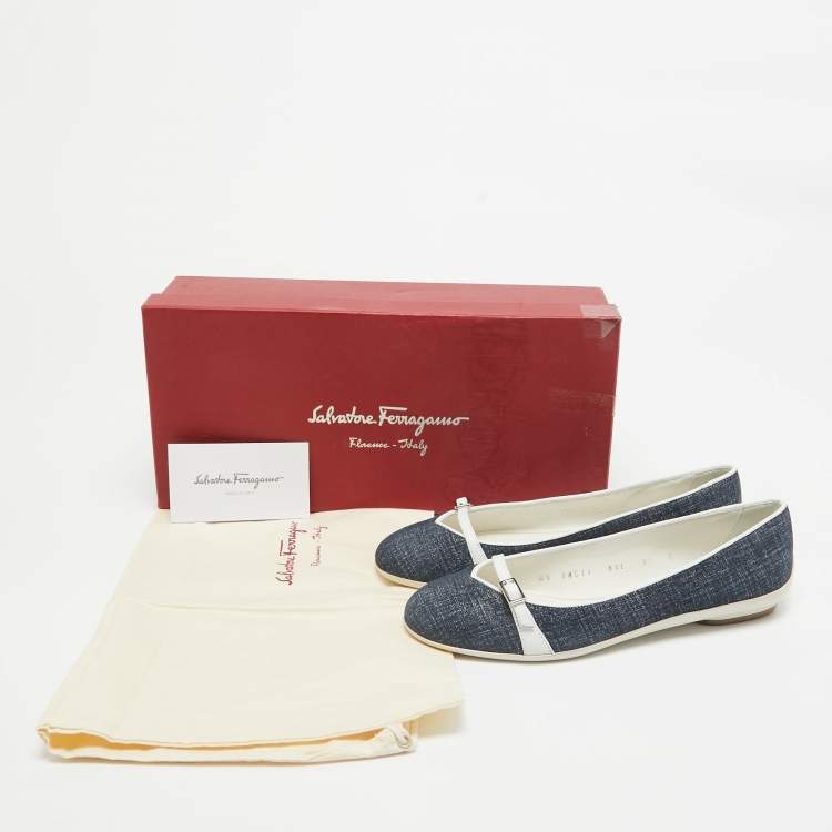 Pre Owned Salvatore Ferragamo Blue/White Suede Audrey Ballet Flats Size 35.5