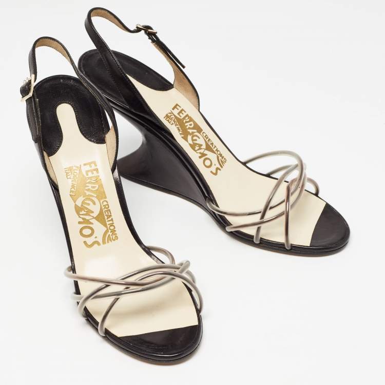 Pre Owned Salvatore Ferragamo Black/White PVC and Leather Arsina Sandals Size 36.5