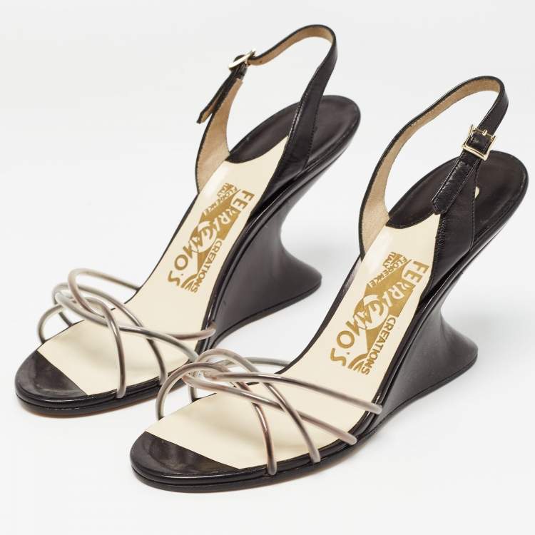 Pre Owned Salvatore Ferragamo Black/White PVC and Leather Arsina Sandals Size 36.5