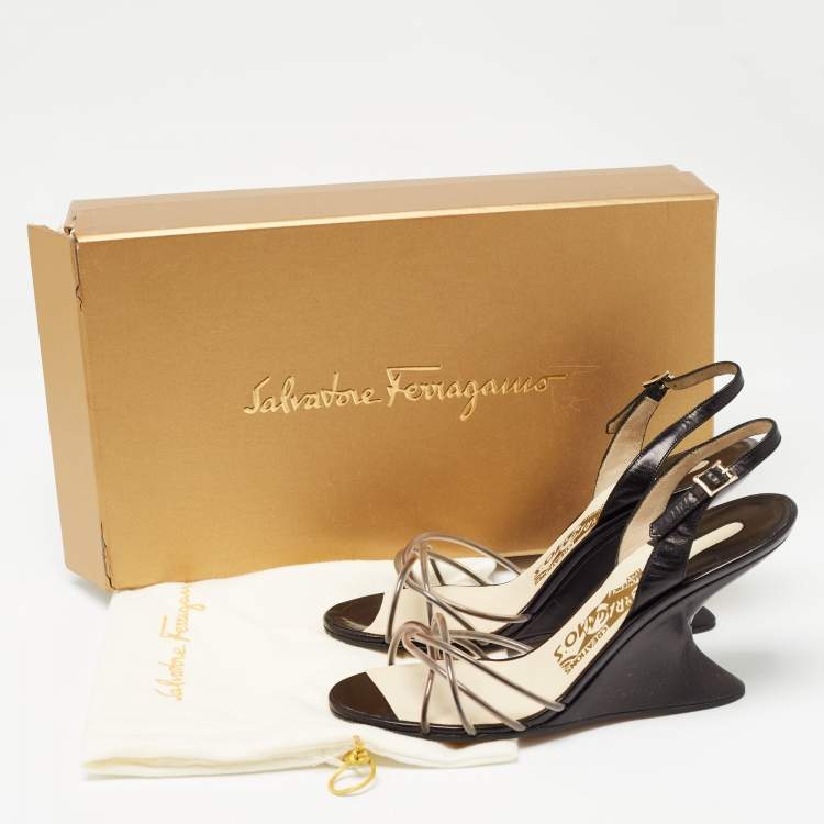 Pre Owned Salvatore Ferragamo Black/White PVC and Leather Arsina Sandals Size 36.5