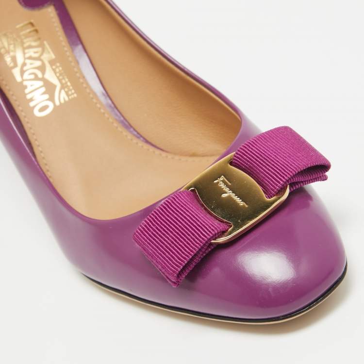 Pre Owned Salvatore Ferragamo Purple Patent Leather Vara Bow Pumps Size 37.5