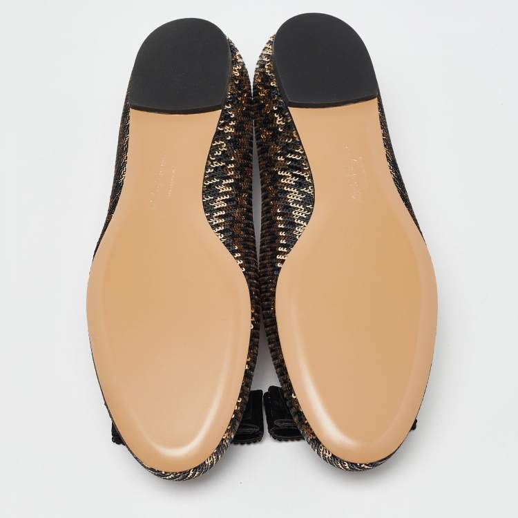 Pre Owned Salvatore Ferragamo Black/Gold Sequin Varina Ballet Flats Size 37.5