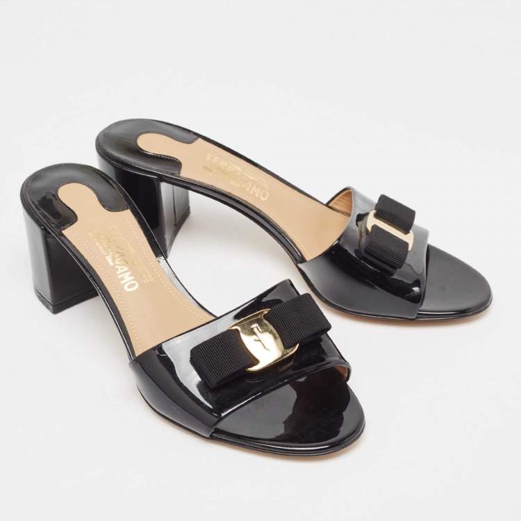 Pre Owned Salvatore Ferragamo Black Patent Leather Vara Bow Wedge Sandals Size 38