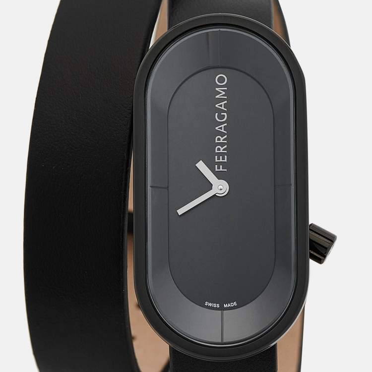 Pre Owned Salvatore Ferragamo Black PVD Coated Stainless Steel Leather Curve SFK300423 Women's Wristwatch 23 mm