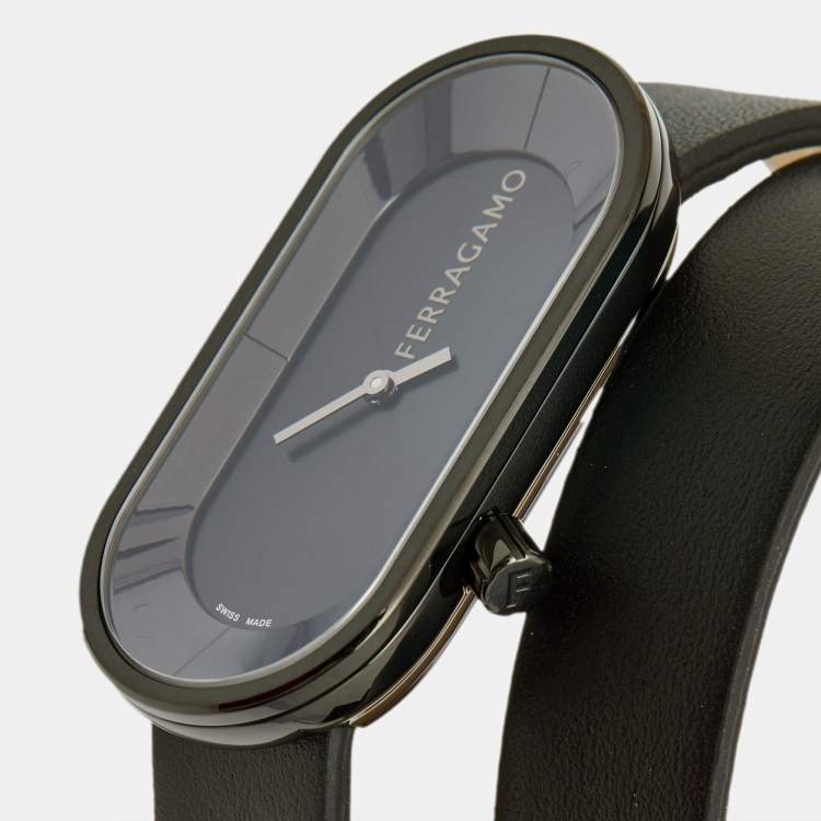 Pre Owned Salvatore Ferragamo Black PVD Coated Stainless Steel Leather Curve SFK300423 Women's Wristwatch 23 mm