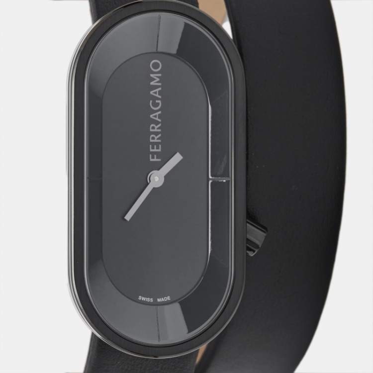 Pre Owned Salvatore Ferragamo Black PVD Coated Stainless Steel Leather Curve SFK300423 Women's Wristwatch 23 mm
