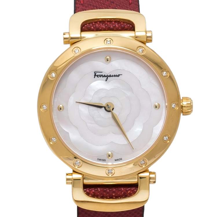 Pre Owned Salvatore Ferragamo Pink Mother Of Pearl Gold Plated Stainless Steel Leather Diamond Style SFDM Women's Wristwatch 34 mm