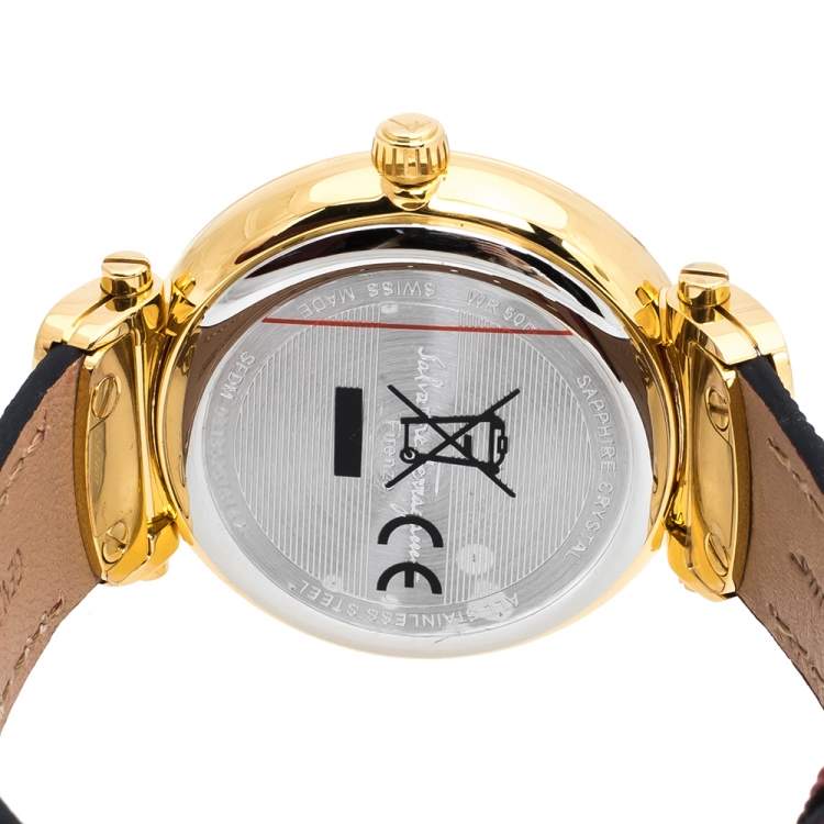 Pre Owned Salvatore Ferragamo Pink Mother Of Pearl Gold Plated Stainless Steel Leather Diamond Style SFDM Women's Wristwatch 34 mm